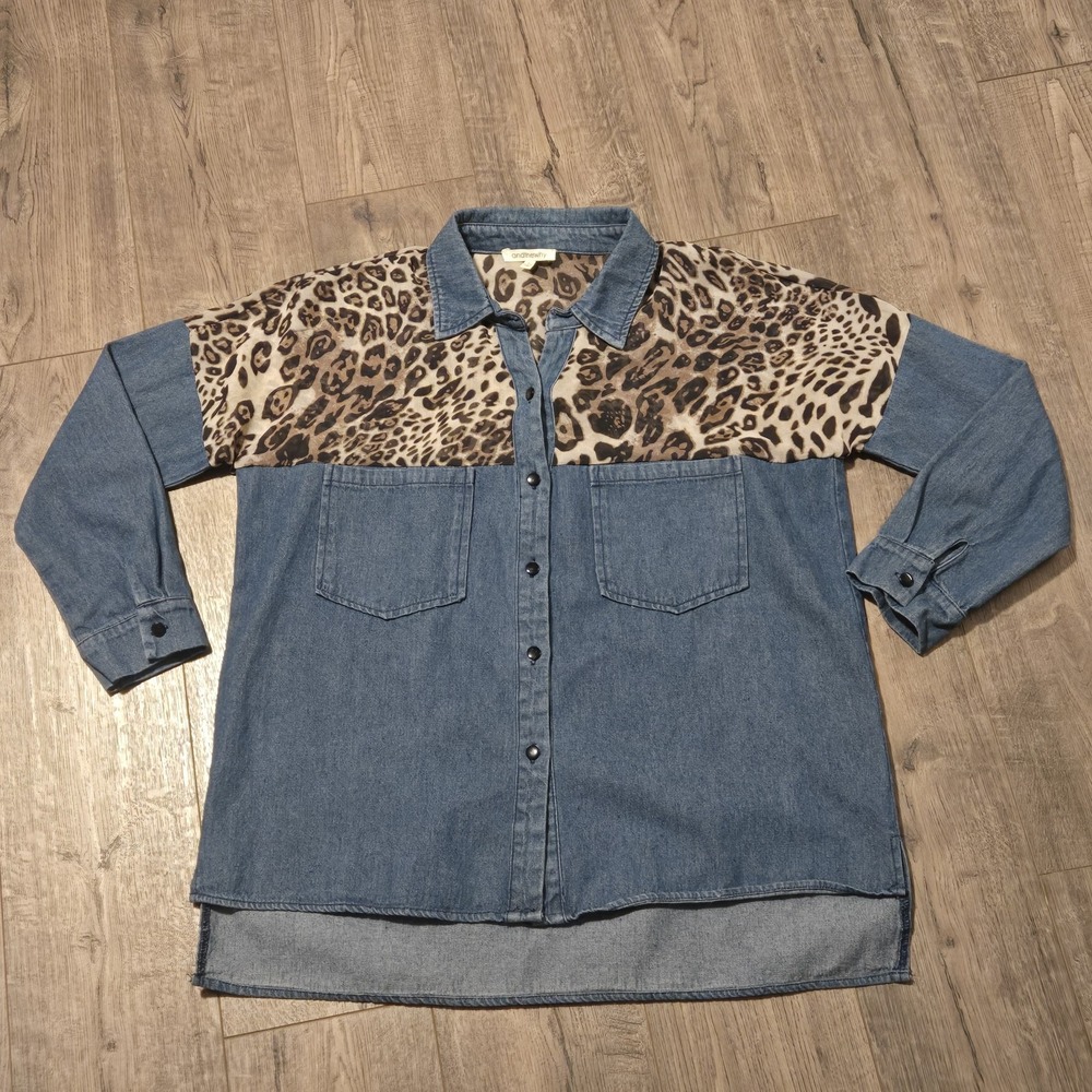 Women's Leopard Print Denim Shirt Jacket Shacket Size Small Sheer Chiffon Detail